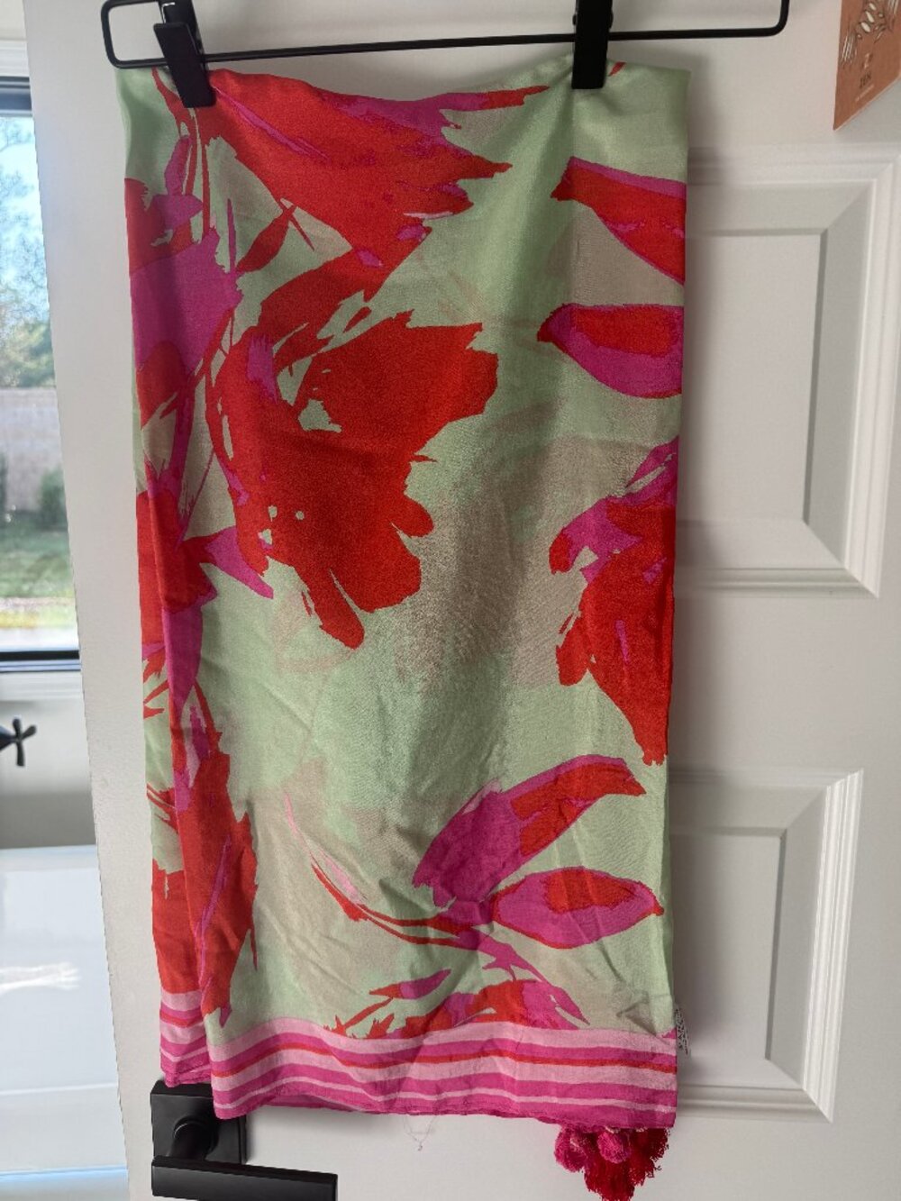 NWT Zenzii Anthropologie Bright Floral Square Scarf Tassel Sage Red OS